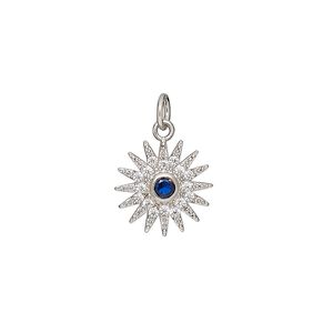 Charm, cubic zirconia and silver-finished brass, clear and blue, 13mm single-sided sun. Sold individually.