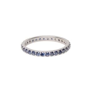 Ring, cubic zirconia and rhodium-plated sterling silver, blue, 3mm wide eternity band, size 9. Sold individually.
