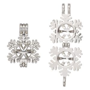 Pendant, imitation rhodium-finished "pewter" (zinc-based alloy), 25x19mm double-sided snowflake bead cage, fits up to 8mm bead. Sold individually.