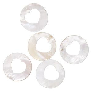 Focal, mother-of-pearl shell (bleached) 1pkg5, 49-50mm round with cutout heart.