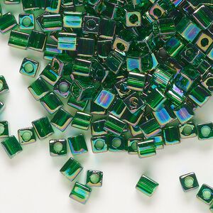 Seed bead, Miyuki, glass, pkg/250g, 3.5-3.7mm square, translucent rainbow green (SB-179).