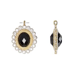 Drop, black onyx (dyed) / cubic zirconia / gold-finished sterling silver, clear, 17x15mm single-sided faceted oval. Sold individually.