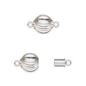 Clasp magnetic 1pkg1 silver-plated, 10mm corrugated round, brass 1-strand