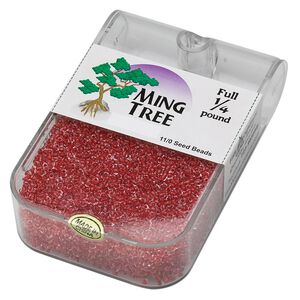 Seed bead, Ming Tree&trade;, glass, pkg/1/4 pound, #11 round, transparent color-lined red.