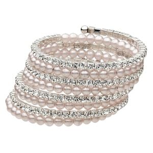 Bracelet, glass / steel memory wire / silver-finished steel, clear and white, 40mm wide coil, 7 inches. Sold individually.