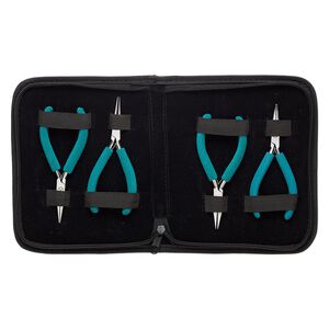 Pliers set, Wubbers&reg; Baby, pkg/set of 4, chain-nose / round-nose / flat-nose / curved chain-nose, stainless steel and rubber, teal green, 4.625 to 4.75 inches with 7.5 x 6-inch case.