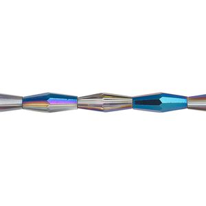 Bead, glass, crystal Bermuda blue, 12x4mm long bicone. Sold per 15-1/2 to 16-inch strand.