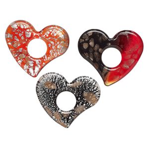 Random mix, lampworked glass, opaque to transparent mixed colors, 50x45mm-61x55mm heart go-go with silver-colored foil and copper-colored glitter. Sold per pkg of 3.