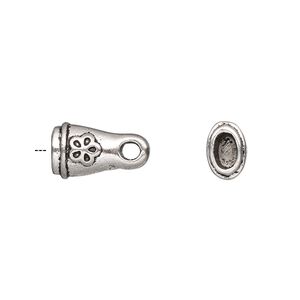 Cord end glue-in 1pkg4 "pewter", 14.5x8.5mm flower / 5x3mm inside diameter, antiqued / silver-finished