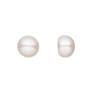 Pearl, White Lotus&trade;, cultured freshwater (bleached), white, 10mm half-drilled button, B grade, Mohs hardness 2-1/2 to 4. Sold per pair.