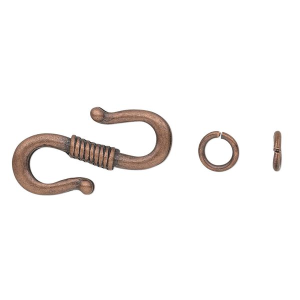 Clasp S-hook 1pkg12 "pewter" (zinc alloy), 23x14mm double-sided / 6mm 19 gauge open jump ring, antique copper-finished 1-strand image number 0