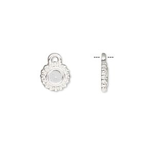 Drop, silver-finished brass, 8.5mm single-sided beaded round with 4mm round setting. Sold per pkg of 10.