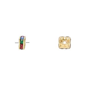 Bead 1pkg10 gold-finished, 6x3mm squaredelle, brass / dark multicolored rhinestone