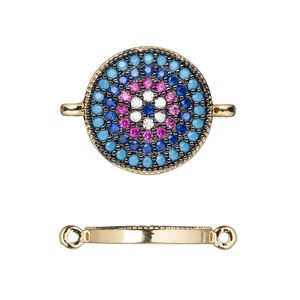 Link, cubic zirconia and gold-finished brass, multicolored, 16mm single-sided round. Sold individually.