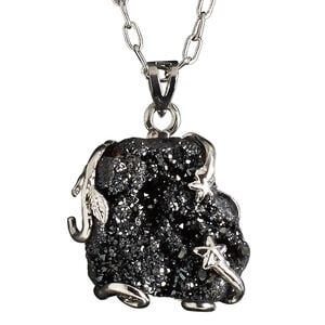 Necklace, electroplated druzy agate (coated) and imitation rhodium-plated brass, black, 30x20mm-38x28mm hand-cut wire-wrapped freeform, 20 inches with 2-1/2 inch extender chain and lobster claw clasp. Sold individually.