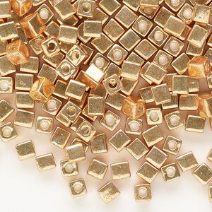 Seed bead, Miyuki, glass, pkg/250g, 3.5-3.7mm square, opaque metallic gold (SB-1053).
