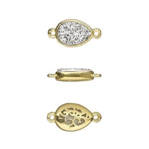 Link, Druzylite&trade;, "druzy" (resin) and gold-finished brass, silver, 11.5x8.5mm two-sided teardrop with open filigree back. Sold per pkg of 4.