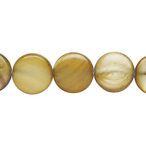 Mother-of-pearl shell 1pkg1, puffed flat round bead 15 inch golden olive 12-13mm