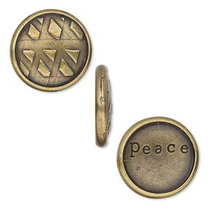 Snap cap, TierraCast&reg;, glue-on, antique brass-plated pewter (tin-based alloy), 17.5mm single-sided textured round and "peace." Sold per pkg of 2.