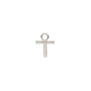 Charm, sterling silver, 9x8mm single-sided modern square alphabet letter T. Sold individually.