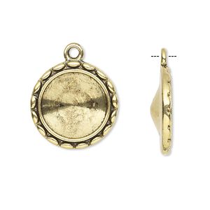 Drop, Almost Instant Jewelry&reg;, antique gold-finished "pewter" (zinc-based alloy), 19mm round with scalloped design and 14mm rivoli setting. Sold per pkg of 6.
