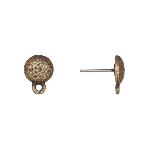 Earstud 1pkg10 TierraCast&reg; antique brass-plated pewter (tin-based alloy) / titanium, 9mm hammered round / closed loop / hammertone collection, 5 pair image number 0
