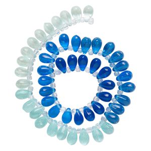 Bead, glass, transparent pale blue, blue and royal blue, 11x7mm top-drilled teardrop with irregular rondelles. Sold per 14-inch strand.
