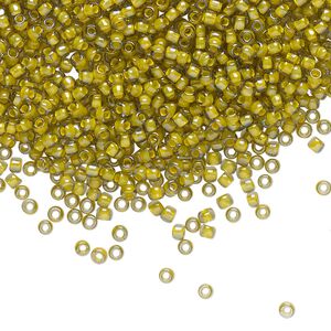 Seed bead, TOHO BEADS&reg;, glass, pkg/250g, #11 round, opaque luster yellow-lined black diamond (TR-11-246).