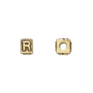 Bead 1pkg4 gold-plated pewter, 8x6mm rectangle / letter R, antique Dione&reg;