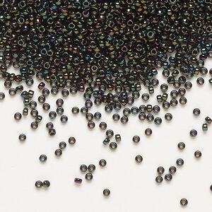 Seed bead, Miyuki, glass, pkg/35g, #15 rocaille, opaque metallic iris forest green (RR-453).