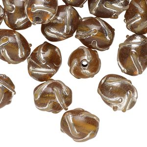 Bead, lampworked glass, translucent brown and silver with swirl design, 11x9mm oval. Sold per 2-ounce pkg, approximately 40 beads.