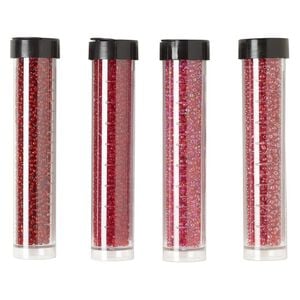 Seed bead assortment, Ming Tree&trade;, glass, pkg/(4) 4 x 3/4 inch vials, #11 round, translucent and transparent silver-lined rainbow ruby red.