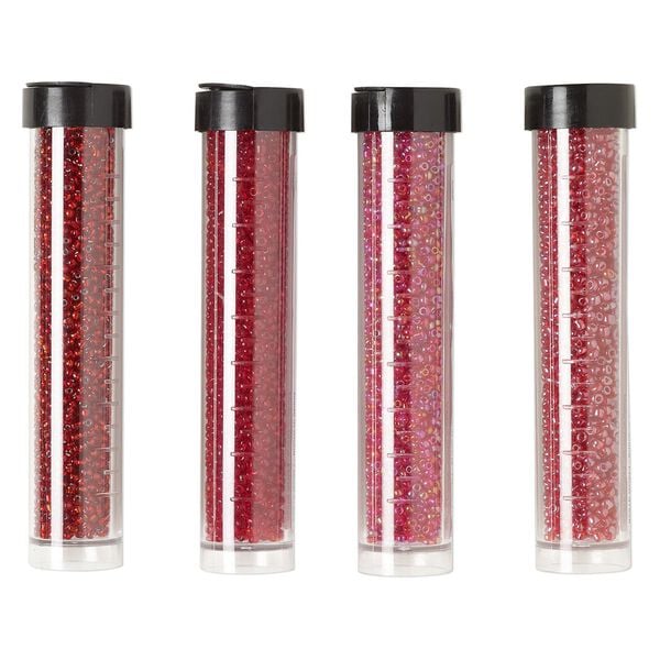 Seed bead assortment, Ming Tree&trade;, glass, pkg/(4) 4 x 3/4 inch vials, #11 round, translucent and transparent silver-lined rainbow ruby red. image number 0