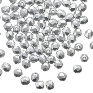 Bead 1pkg100 Czech fire-polished glass, 4mm faceted round, opaque satin metallic silver