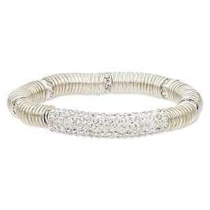 Bracelet, stretch, glass rhinestone / nylon / polymer clay / silver-plated brass / steel / "pewter" (zinc-based alloy), white and clear, 9mm wide with 45x9mm curved tube, 6-1/2 inches. Sold individually.