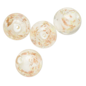 Bead, lampworked glass, clear /opaque white/ glow-in-the-dark / gold, 14mm round. Sold per pkg of 4.