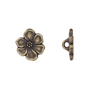Button, TierraCast&reg;, antique brass-plated pewter (tin-based alloy), 15x14mm flower with closed loop. Sold per pkg of 2.