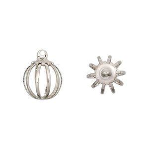 Drop, imitation nickel-plated steel and brass, 11mm round bead cage. Sold per pkg of 100.