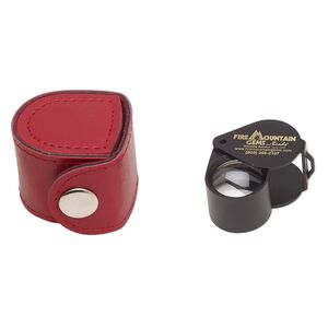 Loupe, Fire Mountain Gems and Beads&copy;, 10x power, glass / leatherette / powder-coated steel / brass, black and gold, 2 inches (when opened). Sold individually.