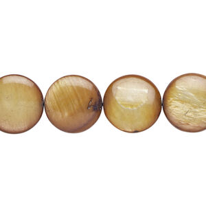 Mother-of-pearl shell 1pkg1, puffed flat round bead 15 inch golden brown 12-13mm