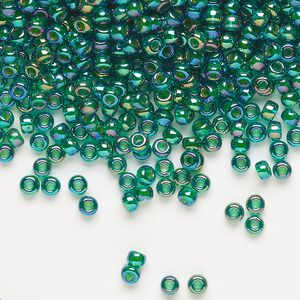 Seed bead, Miyuki, glass, pkg/250g, #8 rocaille, translucent chartreuse-lined rainbow green (RR-354).