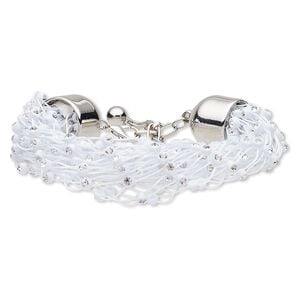 Bracelet, glass rhinestone / acrylic / nylon / silver-coated plastic / silver-finished steel, white and clear, 20mm wide, 6 inches with 2-inch extender chain and lobster claw clasp. Sold individually.