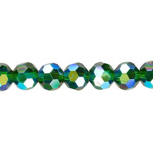 Bead 1pk 32 facets translucent emerald green AB, Celestial Crystal&reg; 8mm round 15.5-16 inch