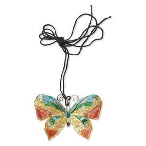 Focal, cloisonn&eacute; and copper, gold / green / blue, 55x40mm butterfly on black adjustable cord. Sold individually.