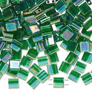 Seed bead, TILA&reg;, glass, pkg/10g, 5mm full tila square, translucent rainbow pistachio, (TL-179).