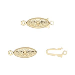 Clasp fishhook 1pkg10 gold-plated, 13x7mm filigree oval, brass 1-strand