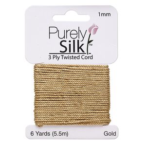 Cord, Purely Silk&trade;, 3-ply, gold, 1mm twisted. Sold per 6-yard card.