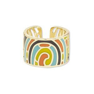 Ring, Avant-Garde Jewelry Collection, enamel and gold-plated brass, multicolored, 14mm wide with cutout and abstract design, adjustable. Sold individually.