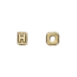Bead 1pkg4 gold-plated pewter, 8x6mm rectangle / letter H, antique Dione&reg;