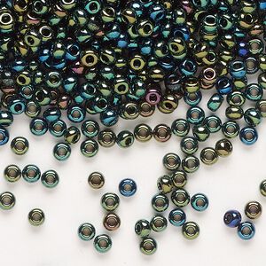Seed bead, Preciosa Ornela Czech glass, pkg/50g, #8 rocaille, opaque green iris black, (59155).